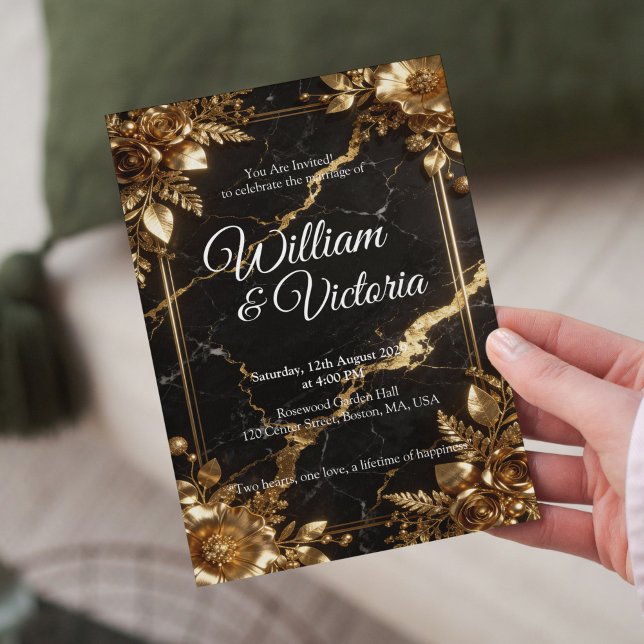 Convite de Casamento Mármore Dourado Preto (Criador carregado)