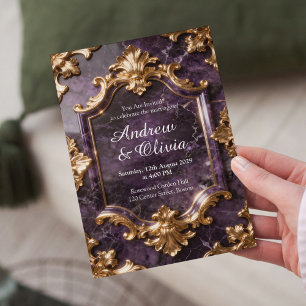 Convite de Casamento Mármore Dourado Roxo