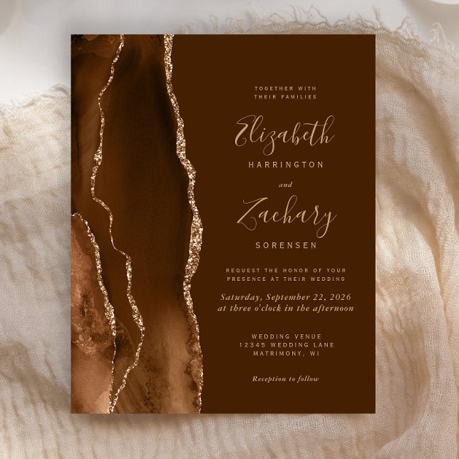 Convite de Casamento Marrom Ágata Dourada Mocha Or (Criador carregado)