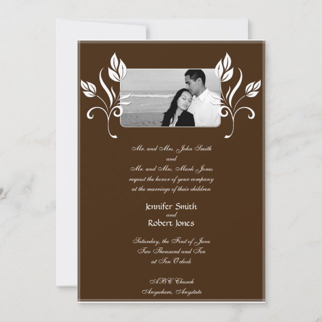 Convite de Casamento Marrom com Enfeites Florais B (Frente)