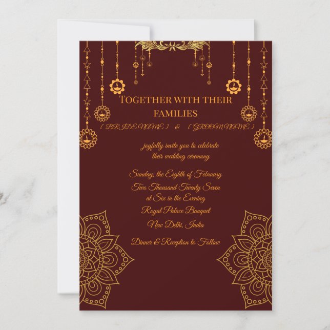 Convite de Casamento Marrom Elegante e Dourado (Frente)