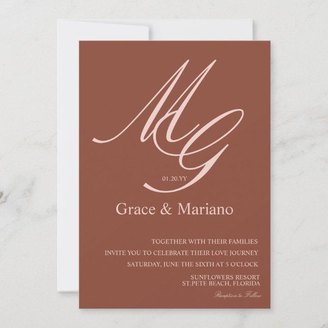 Convite de Casamento Marrom Rosa Monogramado Sutil (Frente)