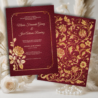 Convite de Casamento Marsala Dourada Rosas