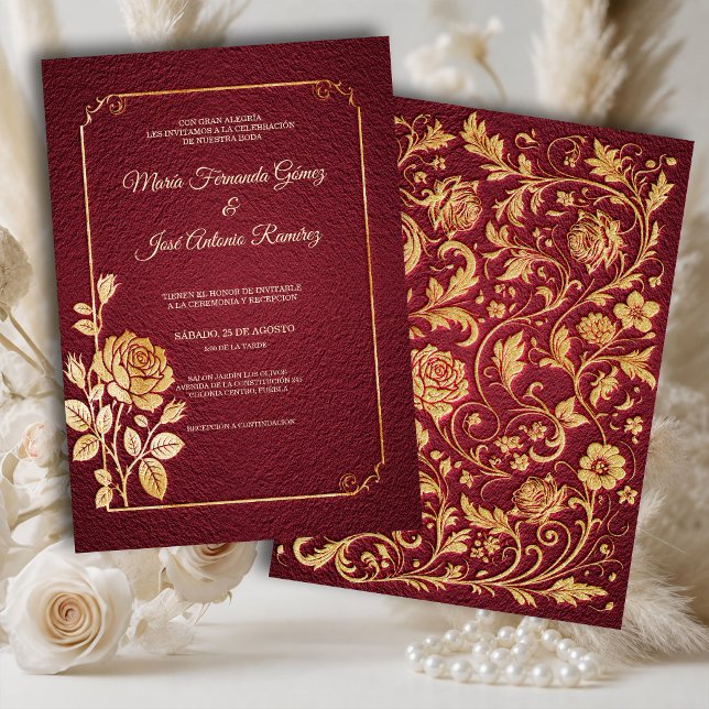 Convite de Casamento Marsala Dourada Rosas (Criador carregado)