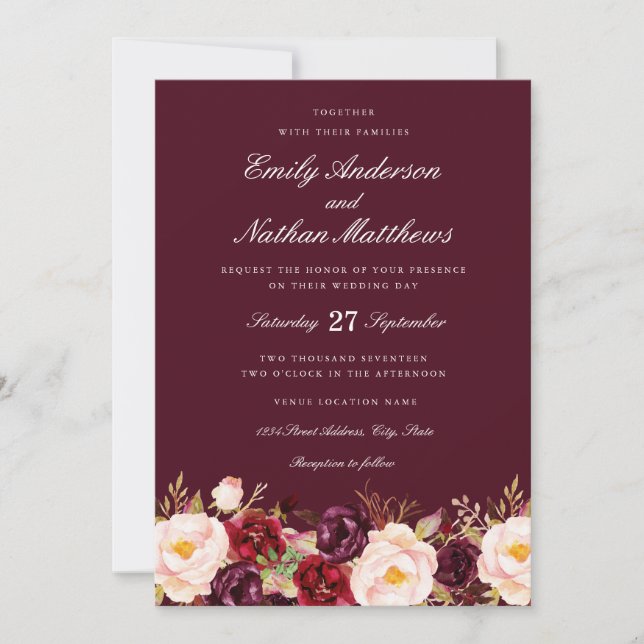 Convite de Casamento Marsala Floral Burgundy (Frente)