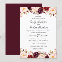 Convite de Casamento Marsala Floral Vermelho Borgo