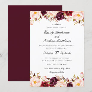 Convite de Casamento Marsala Floral Vermelho Borgo