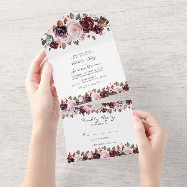 Convite de Casamento Marsala Vermelho Floral Outon (Aba destacável)