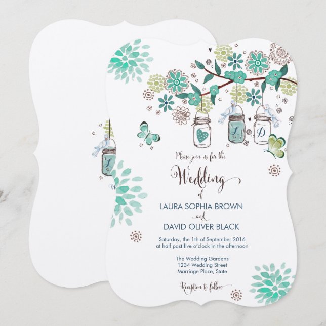 Convite de Casamento Mason Jars | Convite de Casam (Frente/Verso)