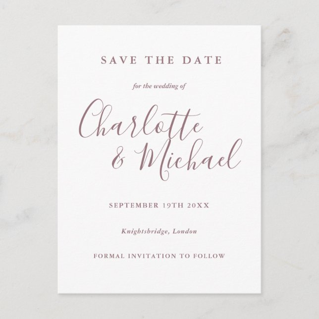 Convite de Casamento Mauve Script Save the Date (Frente)