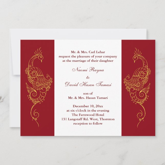 Convite de casamento Mehndi Peacock Vermelho e Bra (Frente)