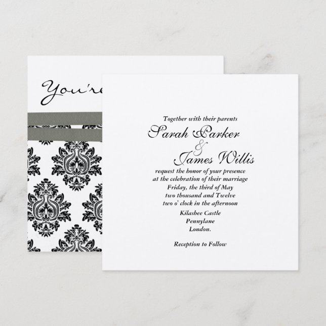 Convite de Casamento metálico Damask Prata e Cinza (Frente/Verso)