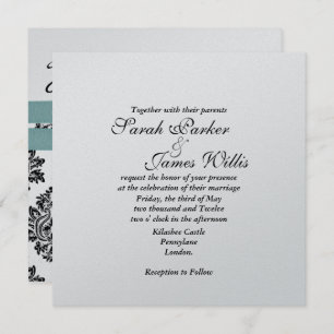 Convite de casamento metálico Damask Silver e turq