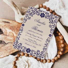Convite de Casamento Mexicano Beige Azul Papel Pic