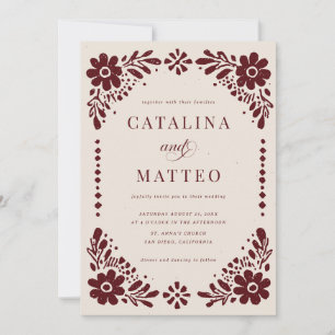 Convite de Casamento Mexicano Ivory & Burgundy Pap