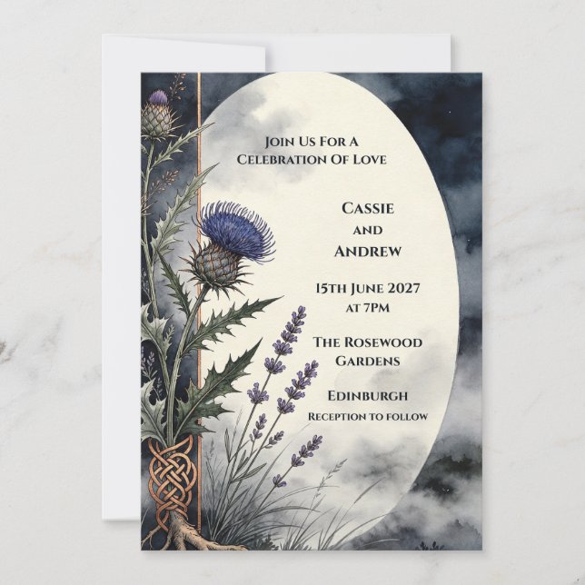 Convite de Casamento Midnight Highland Thistle (Frente)