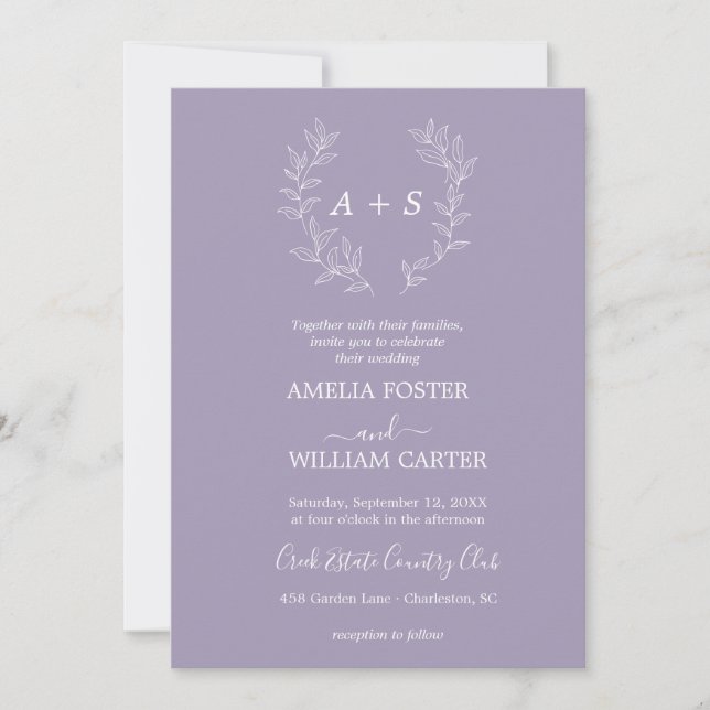 Convite de Casamento Minimal Leaf | Monograma Form (Frente)