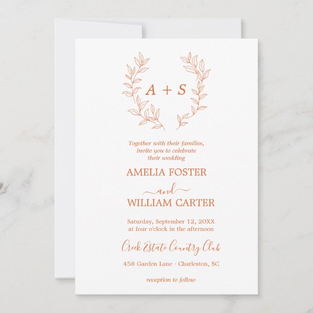 Convite de Casamento Minimal Leaf | Monograma Form (Frente)