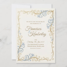 Convite de Casamento Minimalista Azul Dourado Flou