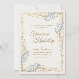 Convite de Casamento Minimalista Azul Dourado Flou