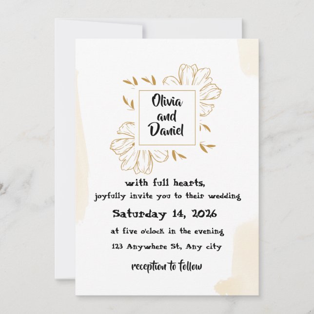 Convite de Casamento Minimalista Bege Dourado Dahl (Frente)