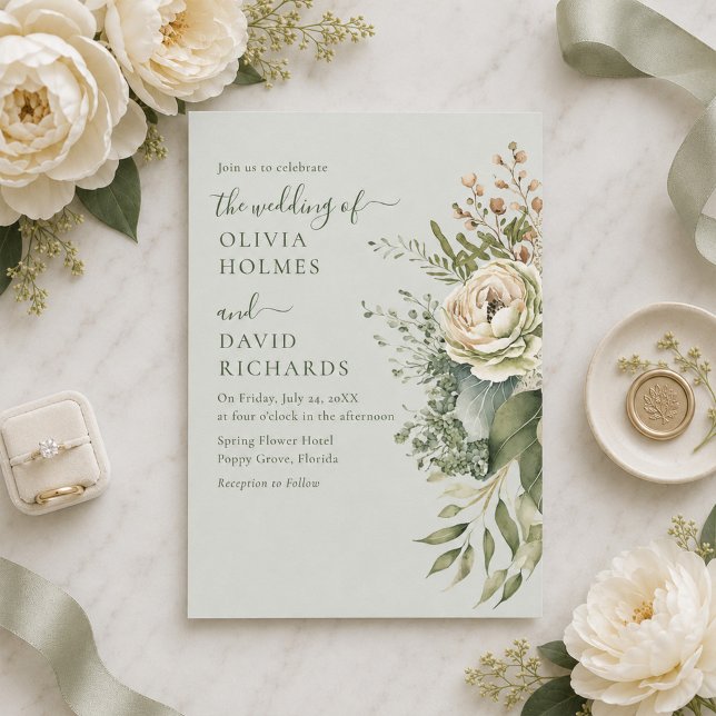 Convite de Casamento Minimalista Botânico em Verde (Soft Sage Green Botanical Minimal Wedding Invitation)