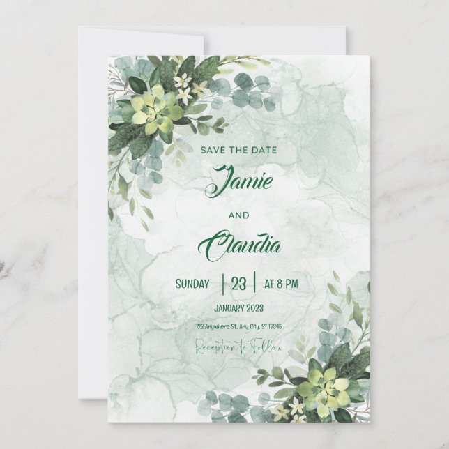 Convite de Casamento Minimalista Branco e Verde (Frente)