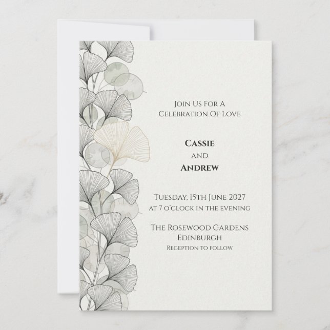 Convite de Casamento Minimalista Cinza Ginkgo (Frente)