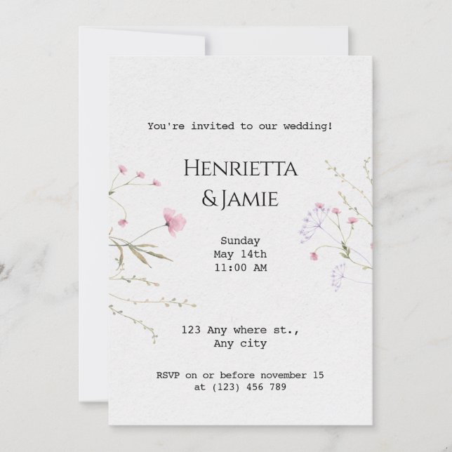 Convite de Casamento Minimalista com Flores Silves (Frente)