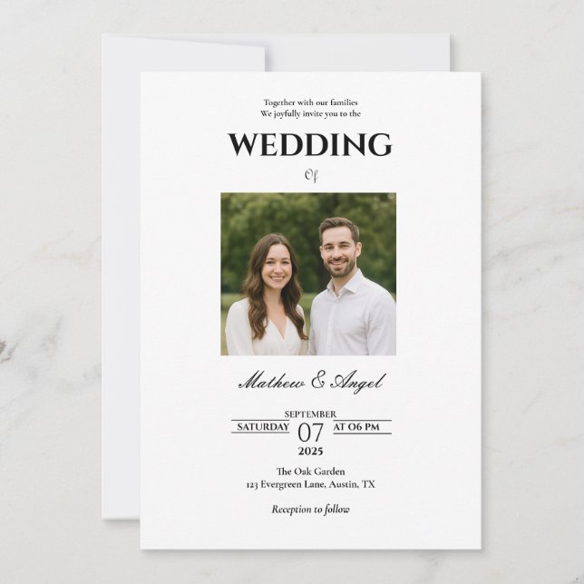 Convite de casamento minimalista com foto de Casal (Frente)