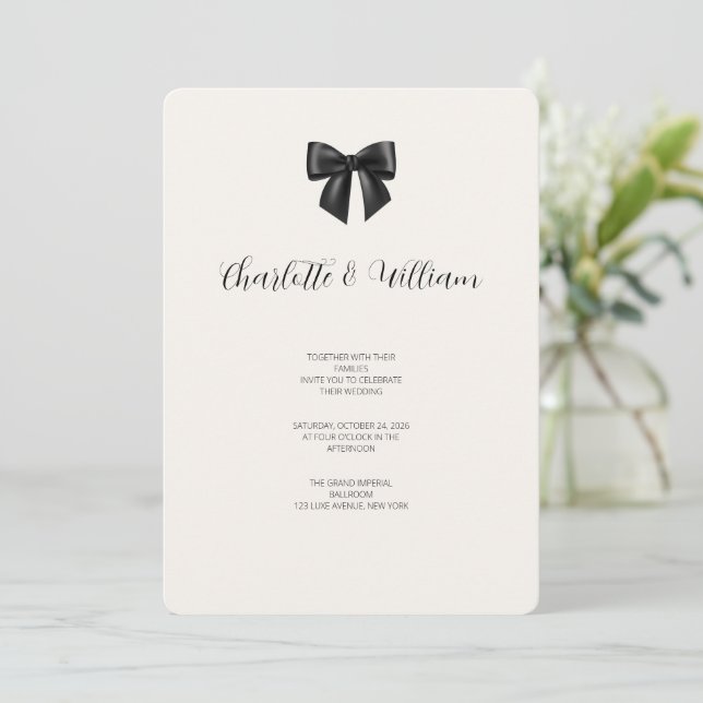 Convite de Casamento Minimalista com Laço Preto (Em pé/Frente)