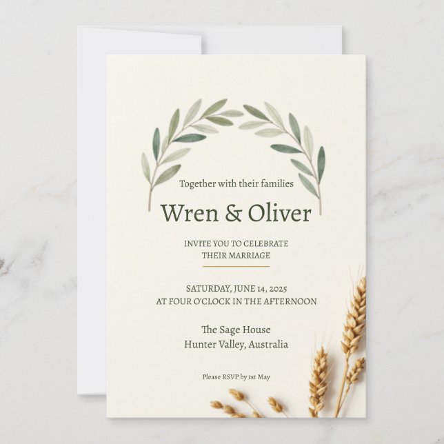 Convite de Casamento Minimalista com Ramo de Olive (Frente)