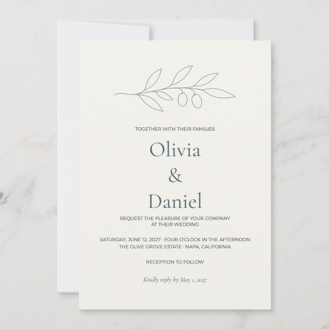 Convite de Casamento Minimalista com Ramo de Olive (Frente)