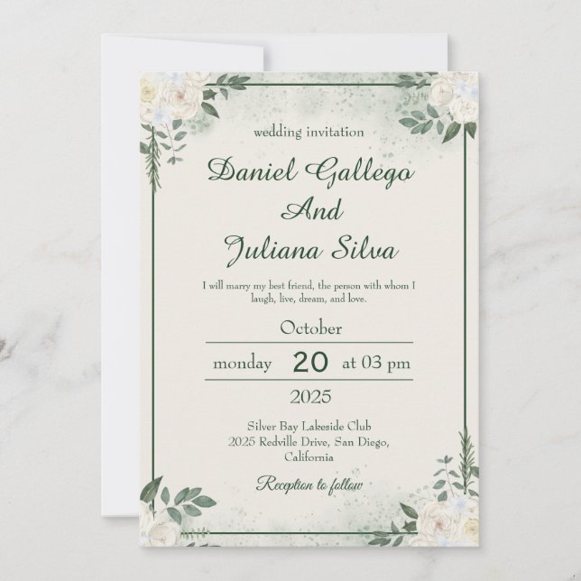Convite de Casamento Minimalista com Verdor (Frente)