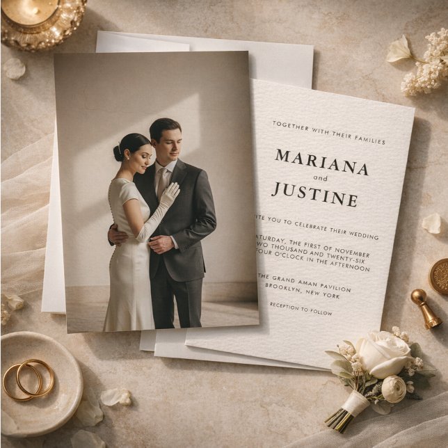 Convite de Casamento Minimalista de Inverno com La (Editorial Minimalist Winter Wedding Photo Layout | Modern Couple Script Wedding Invitation )