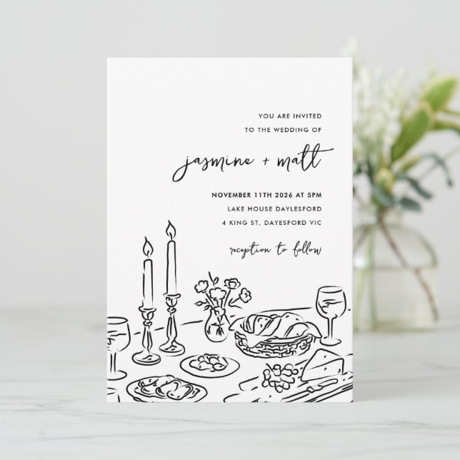 Convite de Casamento Minimalista Desenhado à Mão c (Em pé/Frente)