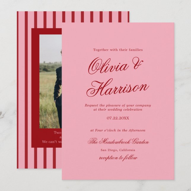 Convite de Casamento Minimalista em Rosa Vermelho  (Frente/Verso)