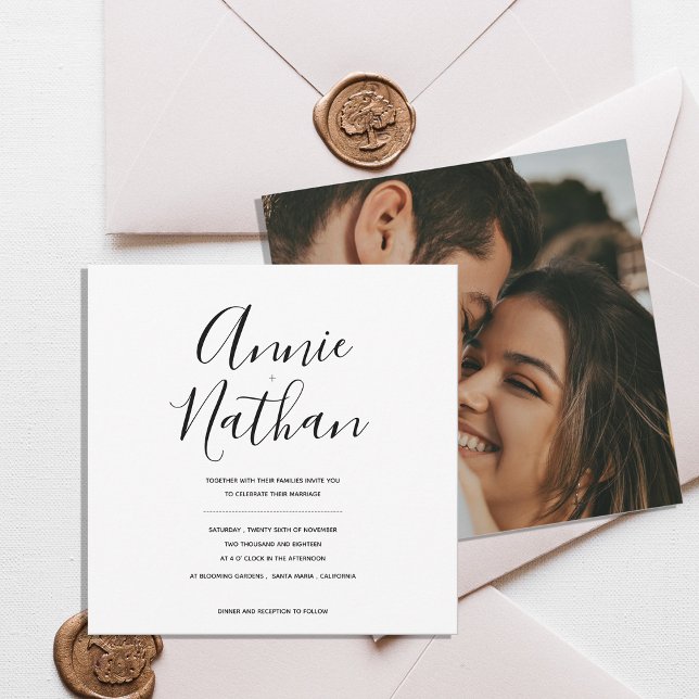 Convite de Casamento Minimalista em Script Moderno (Modern Script Wedding Invitation Flat Card | Minimal Black & White Calligraphy Invite)