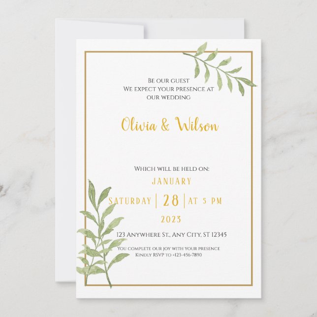 Convite de Casamento Minimalista Folhas Verdes de  (Frente)