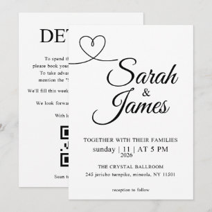 Convite de Casamento Minimalista Linha Coração QR