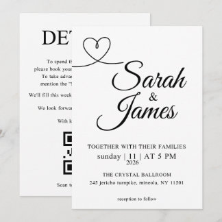 Convite de Casamento Minimalista Linha Coração QR 
