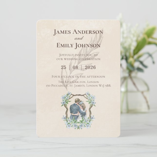 Convite de Casamento Minimalista Marfim | Cust Ele (Em pé/Frente)