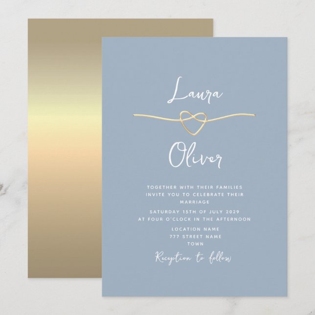 Convite de Casamento Minimalista Moderno Azul Poei (Frente/Verso)
