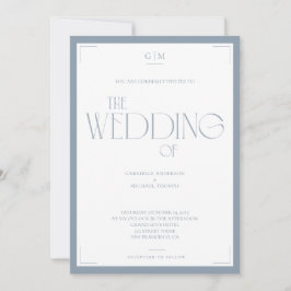 Convite de Casamento Minimalista Monograma Azul Po
