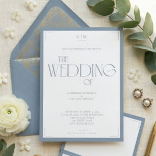 Convite de Casamento Minimalista Monograma Azul Po