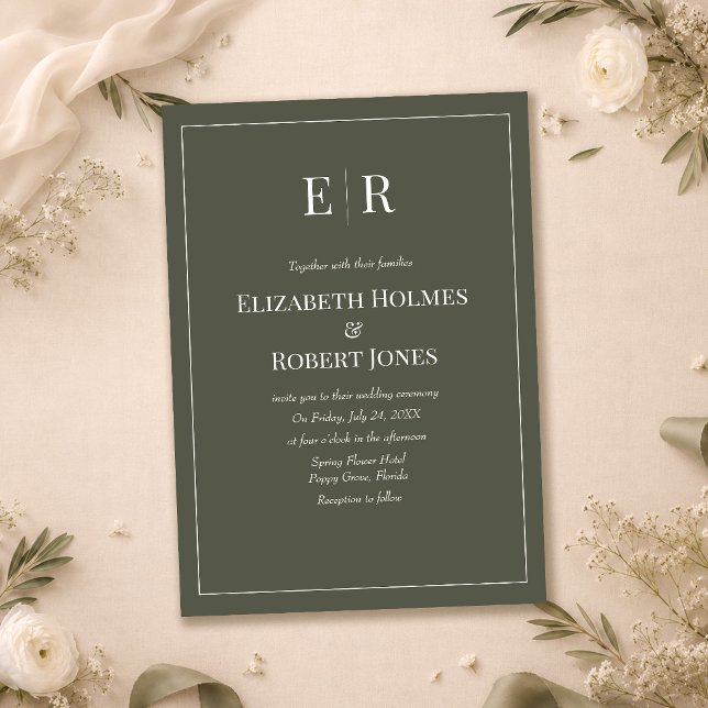 Convite de Casamento Minimalista Monograma Oliva E (Dark Olive Minimalist Monogram Wedding Invitation on a table with white and green flowers)