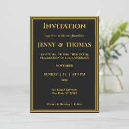 Convite de Casamento Minimalista Preto e Dourado d