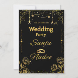 Convite de Casamento Minimalista Preto e Dourado E