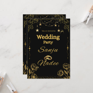Convite de Casamento Minimalista Preto e Dourado E