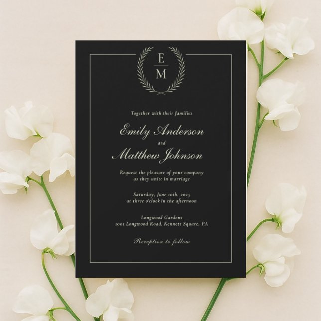 Convite de Casamento Minimalista Preto e Sage (Criador carregado)